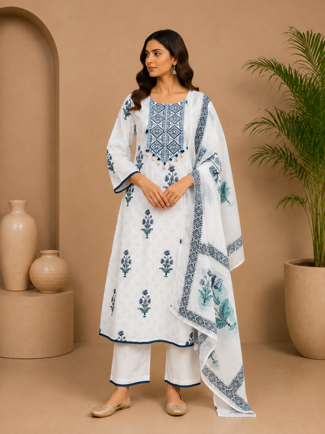 Women's Cotton Block Print Kurta Pant Set with Dupatta